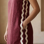 Maroon Handspun Cotton Wavy Stripe Short Shift Dress