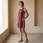 Maroon Handspun Cotton Wavy Stripe Short Shift Dress