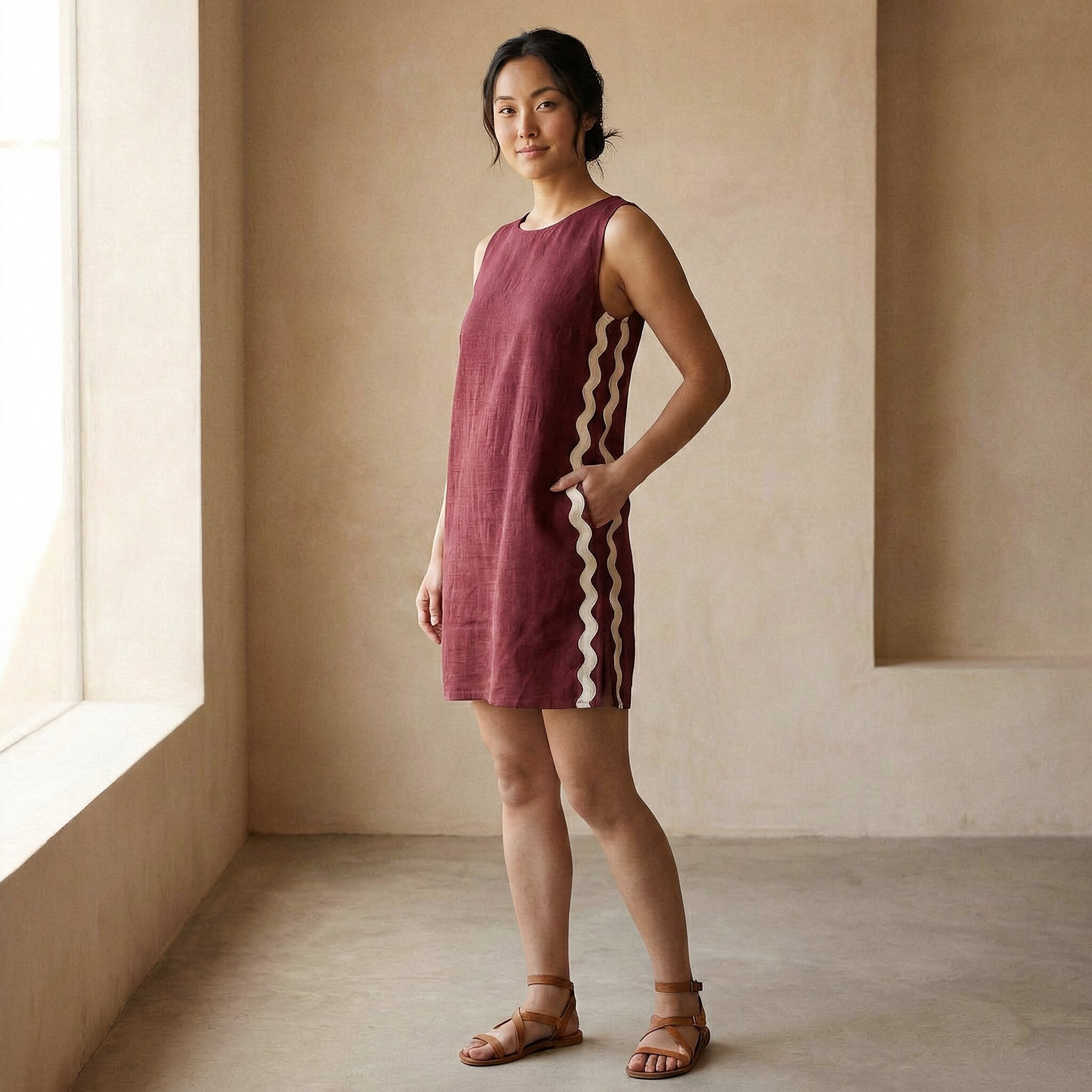 Maroon Handspun Cotton Wavy Stripe Short Shift Dress