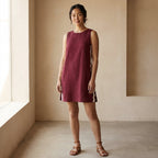 Maroon Handspun Cotton Wavy Stripe Short Shift Dress