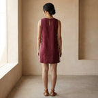 Maroon Handspun Cotton Wavy Stripe Short Shift Dress