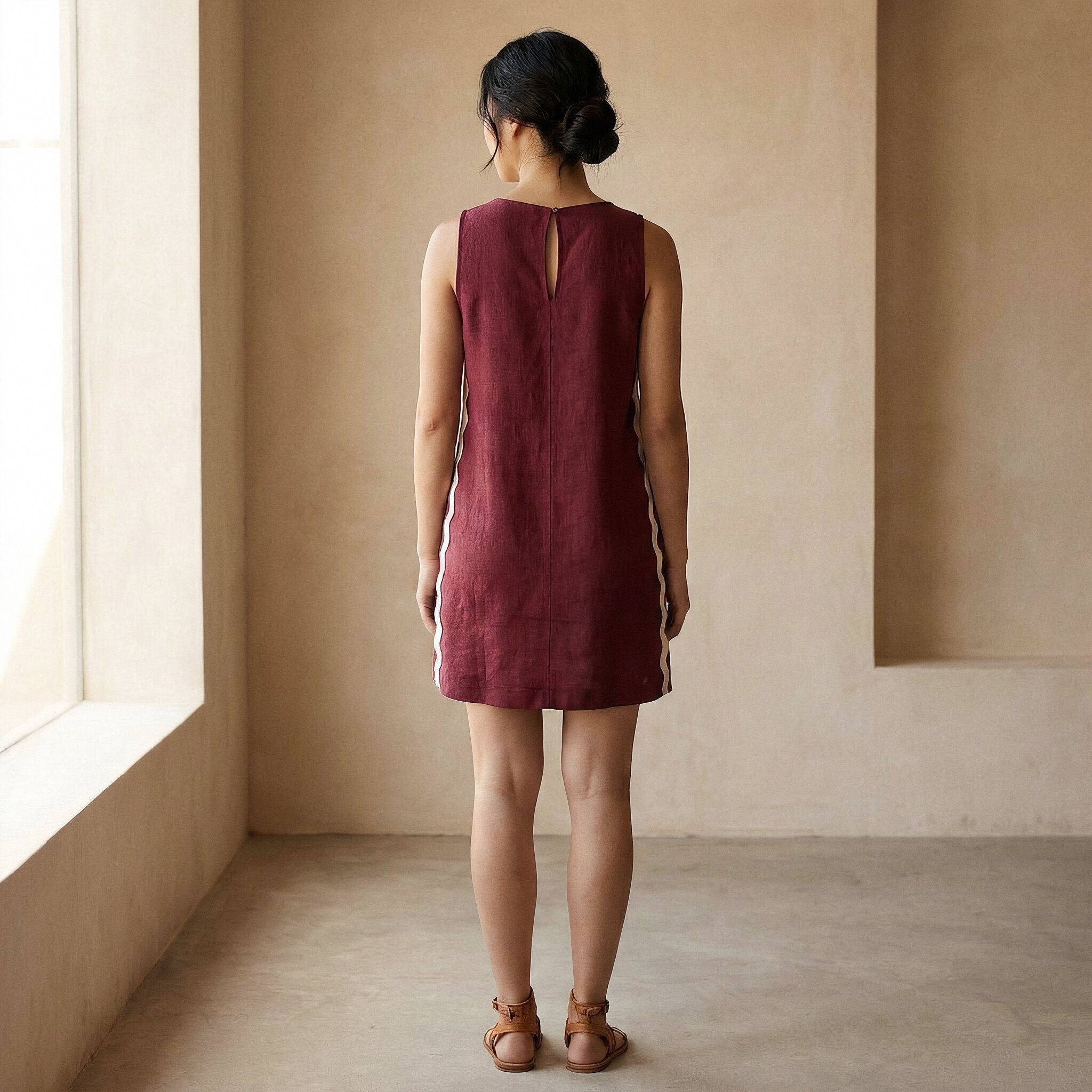 Maroon Handspun Cotton Wavy Stripe Short Shift Dress