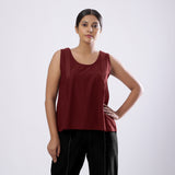 Maroon Handspun Yarn-Dyed Cotton V-Neck Top