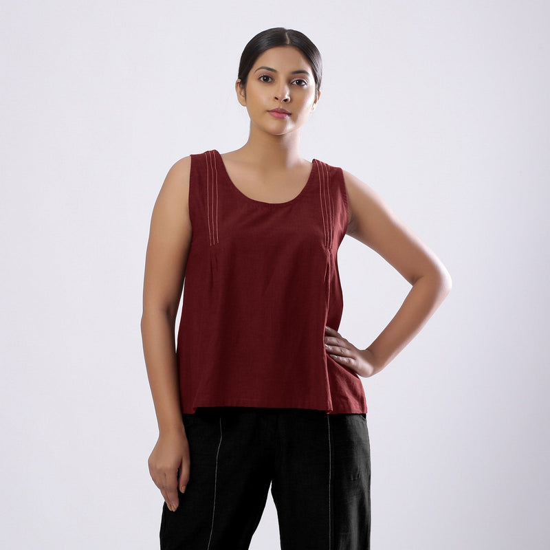 Maroon Handspun Yarn-Dyed Cotton V-Neck Top