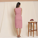 Back View of a Model wearing Maroon Knee Length Cotton Sheath Dress