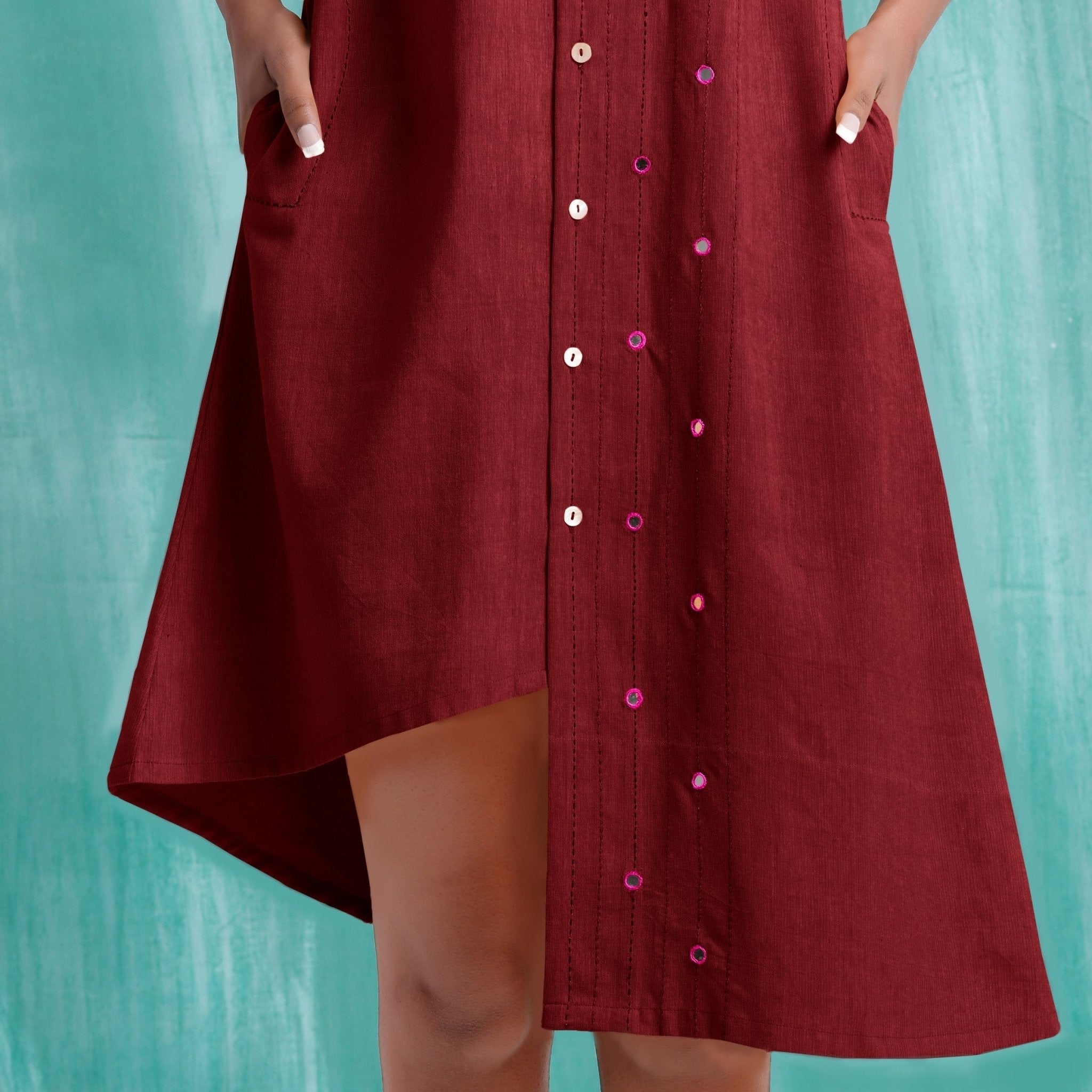 Maroon Mirror Work Cotton Knee Length Asymmetrical Dress
