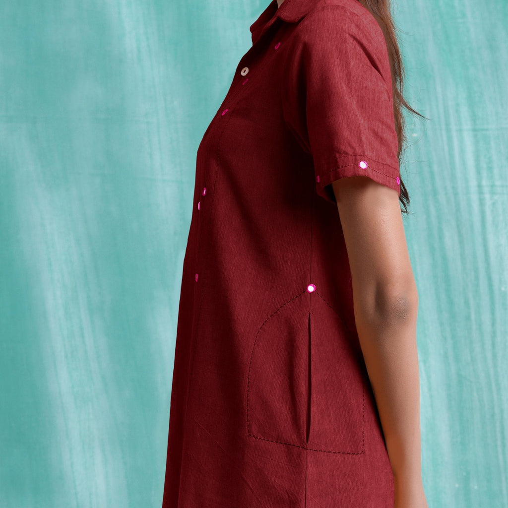 Maroon Mirror Work Cotton Knee Length Asymmetrical Dress