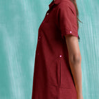 Maroon Mirror Work Cotton Knee Length Asymmetrical Dress