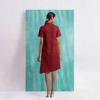 Maroon Mirror Work Cotton Knee Length Asymmetrical Dress