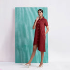 Maroon Mirror Work Cotton Knee Length Asymmetrical Dress