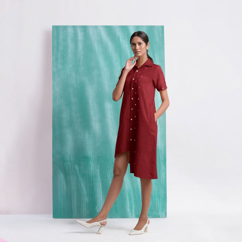 Maroon Mirror Work Cotton Knee Length Asymmetrical Dress