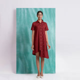 Maroon Mirror Work Cotton Knee Length Asymmetrical Dress