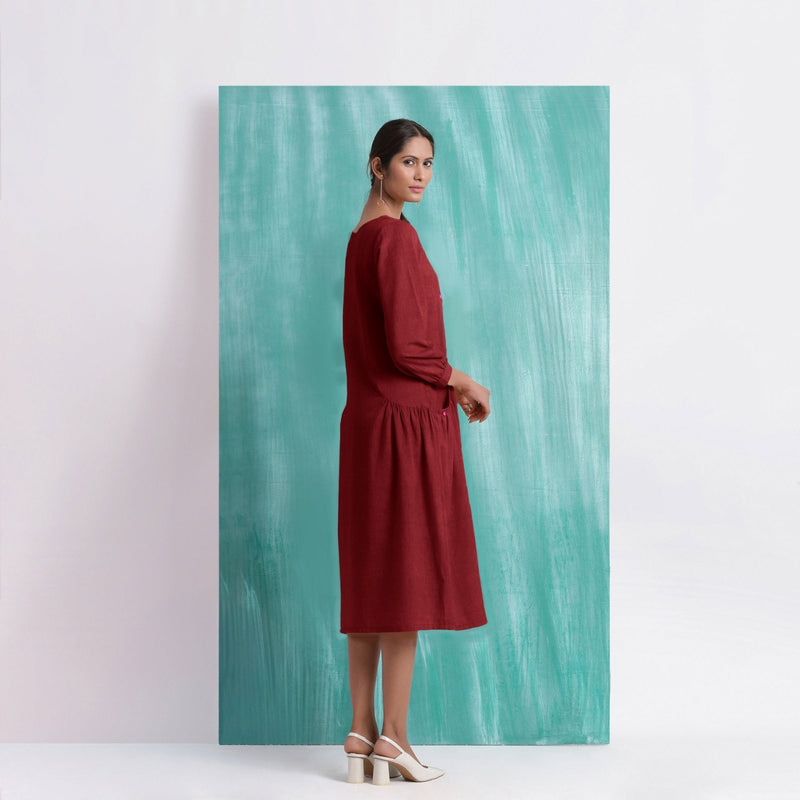 Maroon Mirror Work Embroidered Cotton Paneled Midi Dress