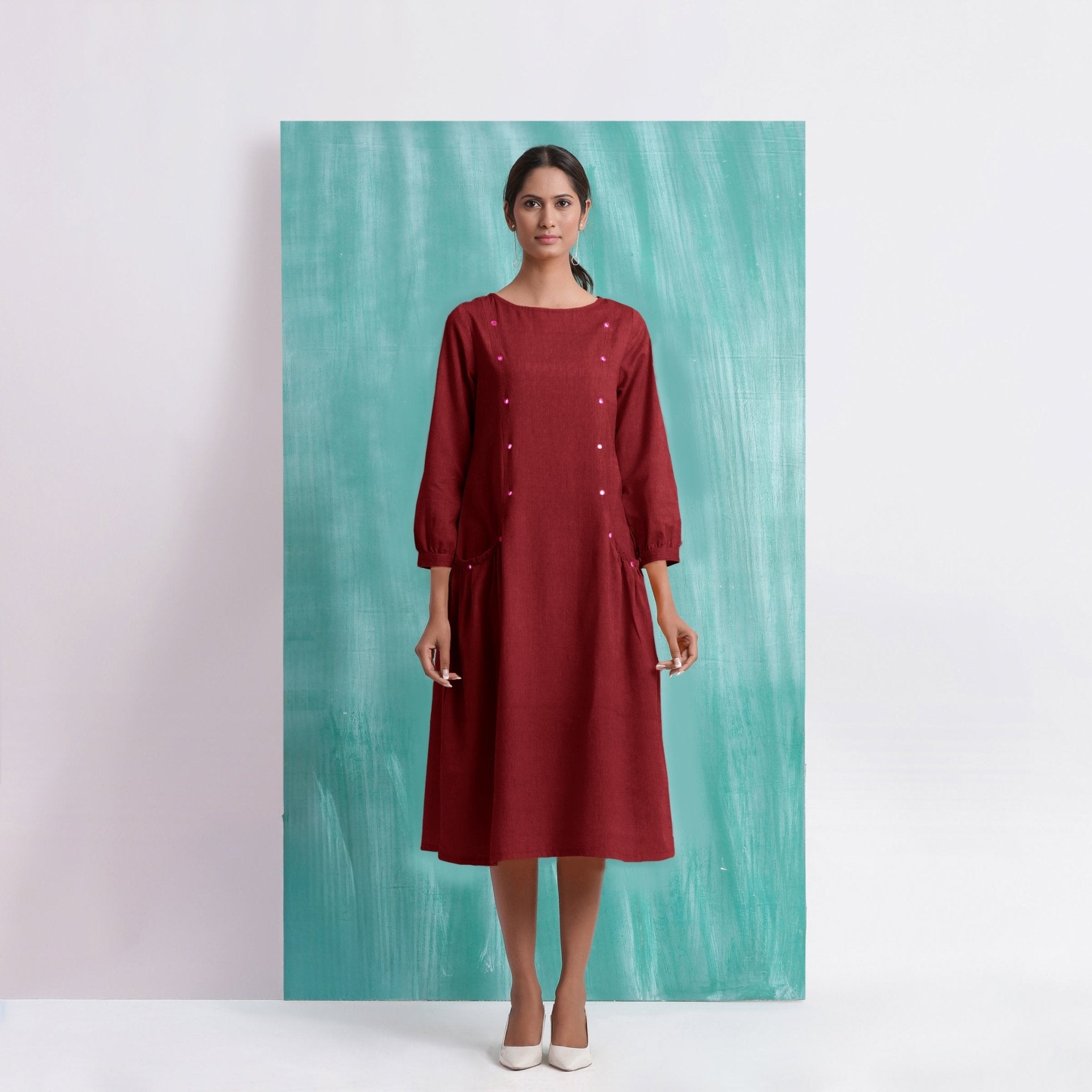 Maroon Mirror Work Embroidered Cotton Paneled Midi Dress