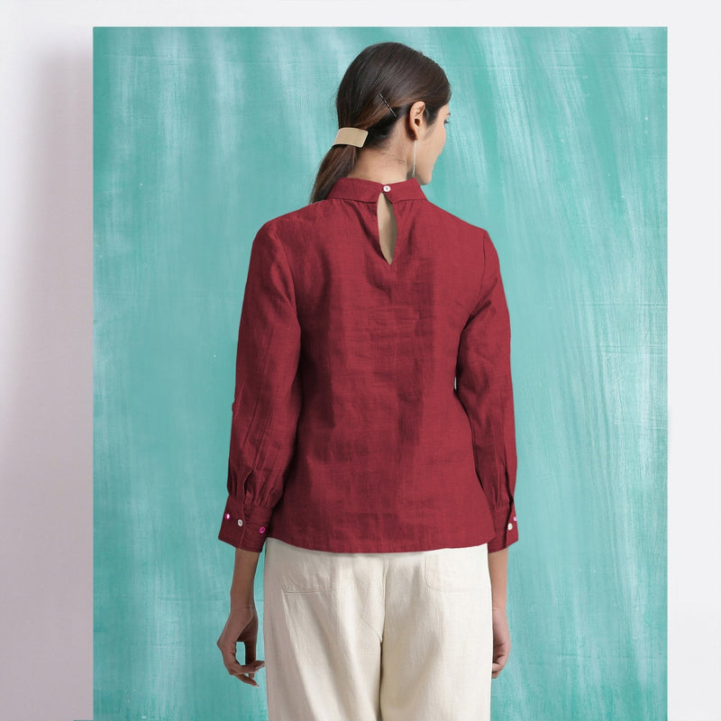 Maroon Mirror Work Handspun Cotton Blouse Top