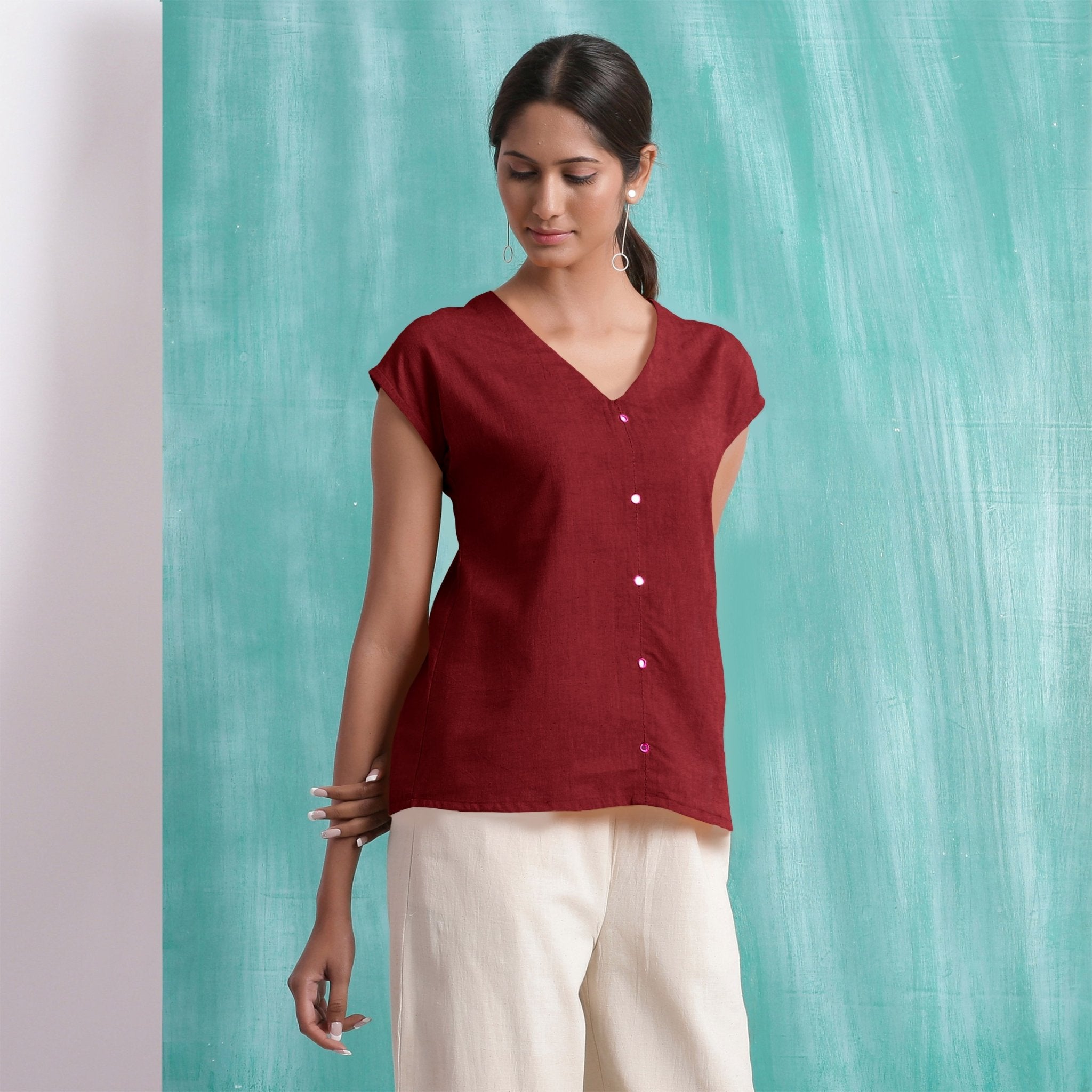 Maroon Mirror Work Handspun Cotton Drop Shoulder Top