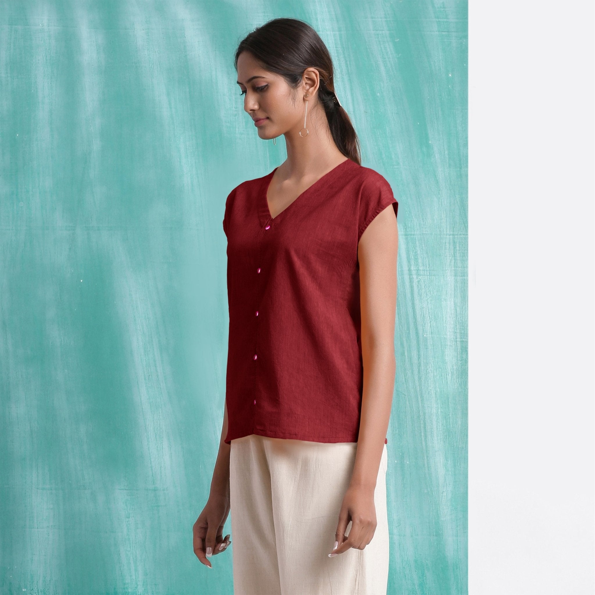 Maroon Mirror Work Handspun Cotton Drop Shoulder Top