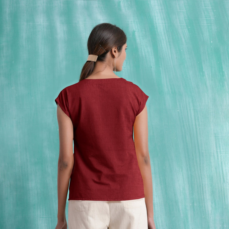 Maroon Mirror Work Handspun Cotton Drop Shoulder Top