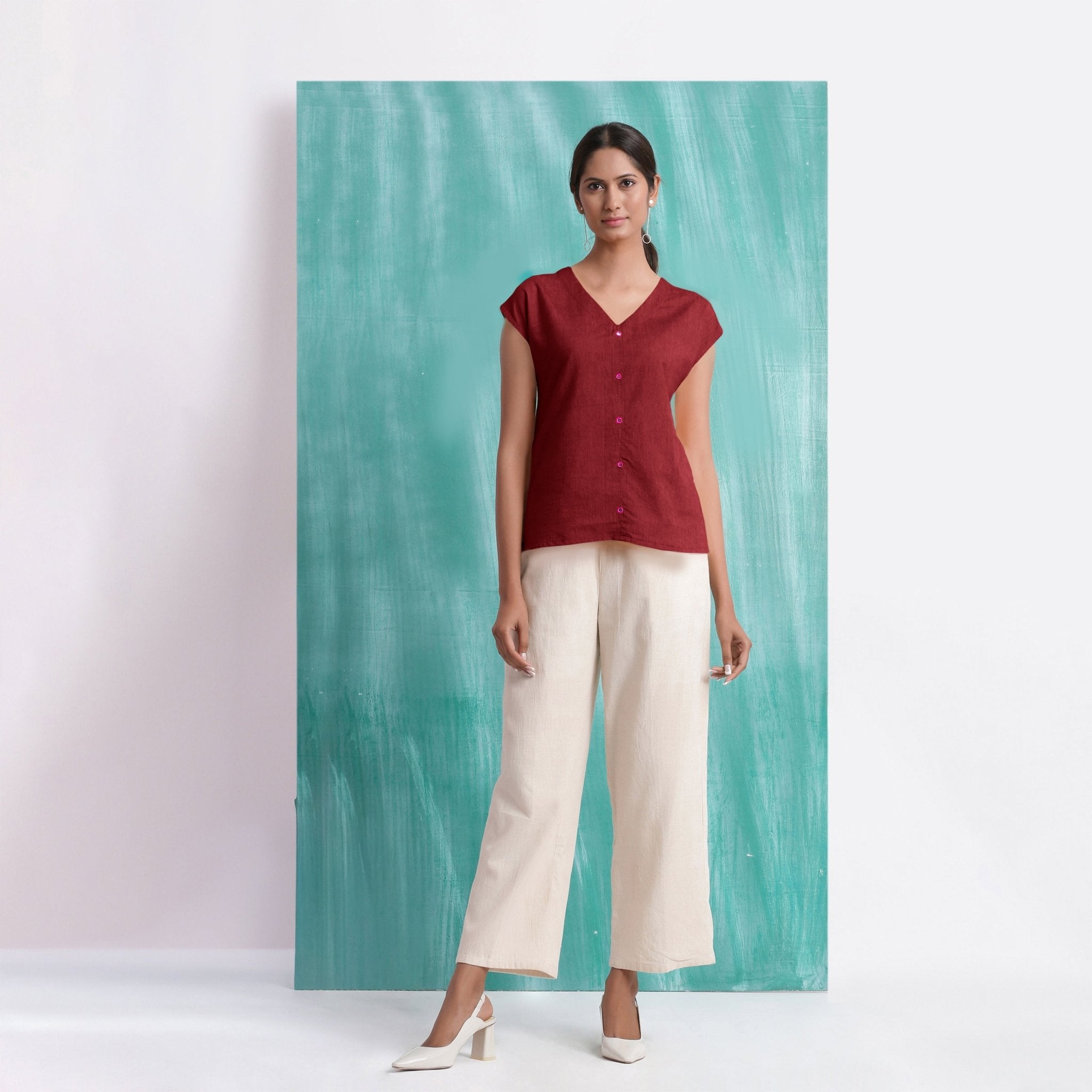 Maroon Mirror Work Handspun Cotton Drop Shoulder Top