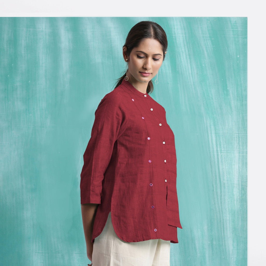 Maroon Mirror Work Handspun Cotton Mandarin Collar Top