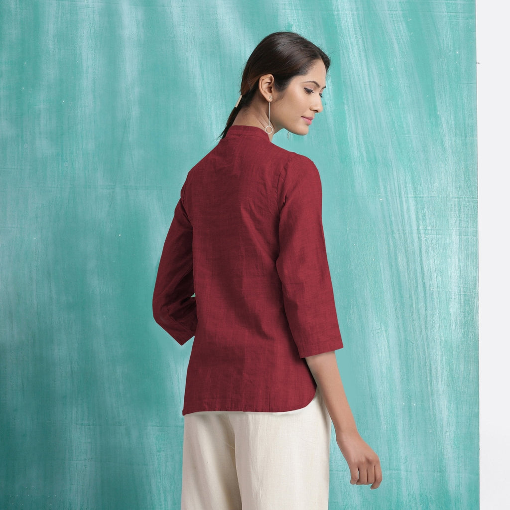 Maroon Mirror Work Handspun Cotton Mandarin Collar Top