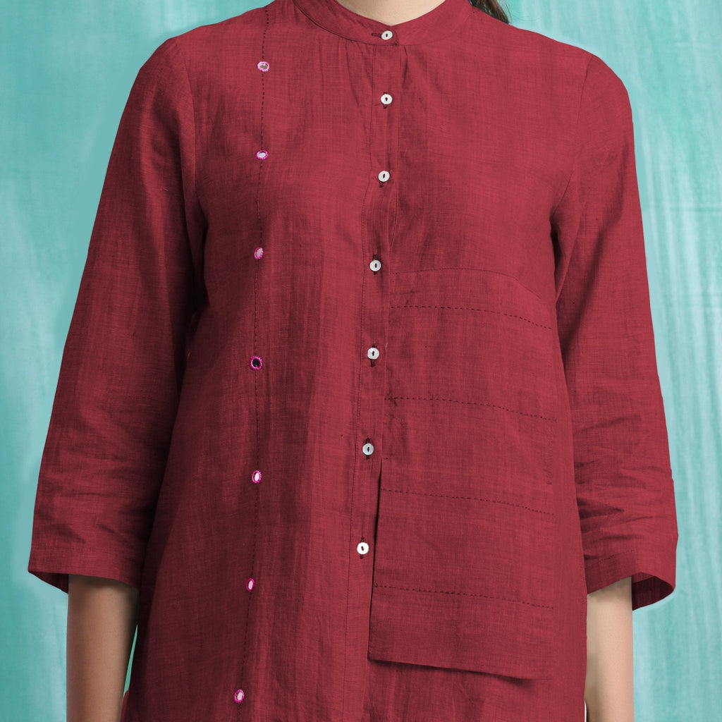 Maroon Mirror Work Handspun Cotton Mandarin Collar Top