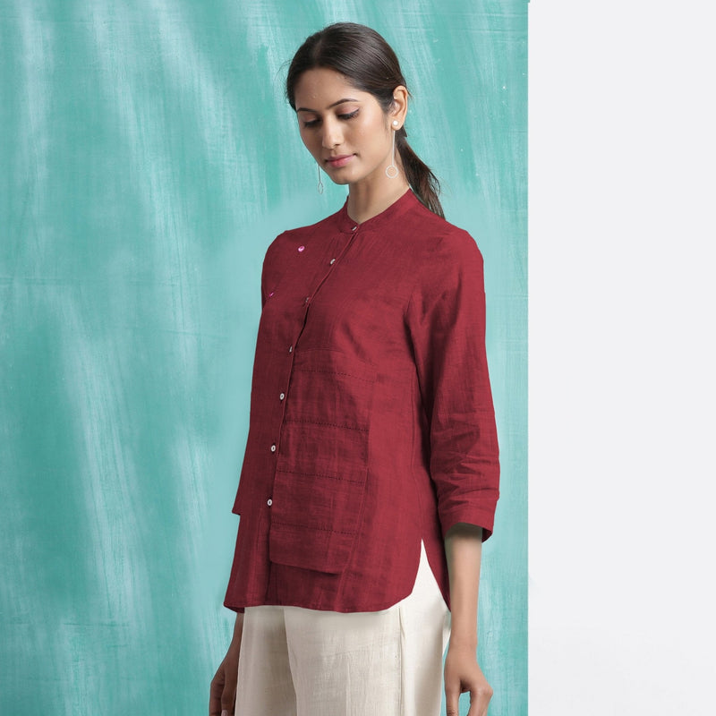Maroon Mirror Work Handspun Cotton Mandarin Collar Top
