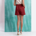 Maroon Mirror Work Handspun Cotton Mid-Rise Elasticated Shorts