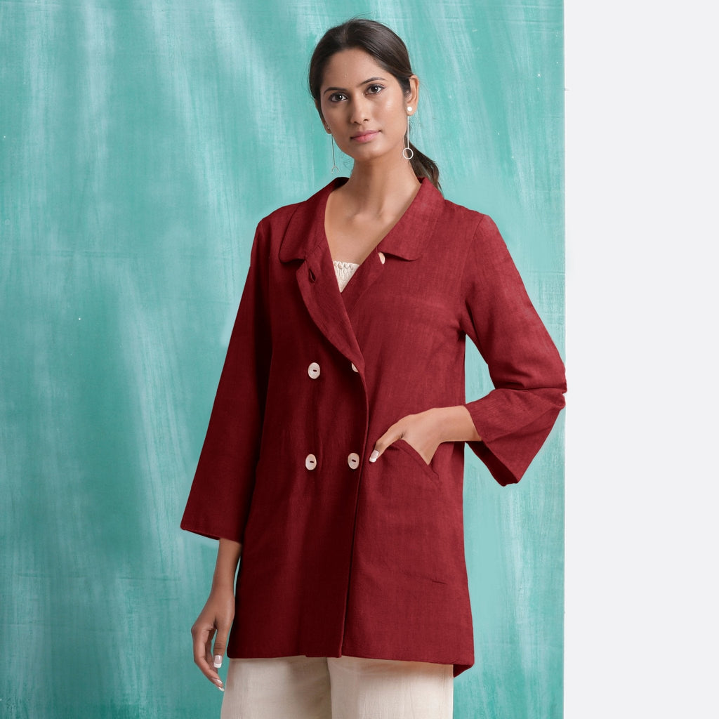 Maroon Handspun Cotton Welt Pocket Coat
