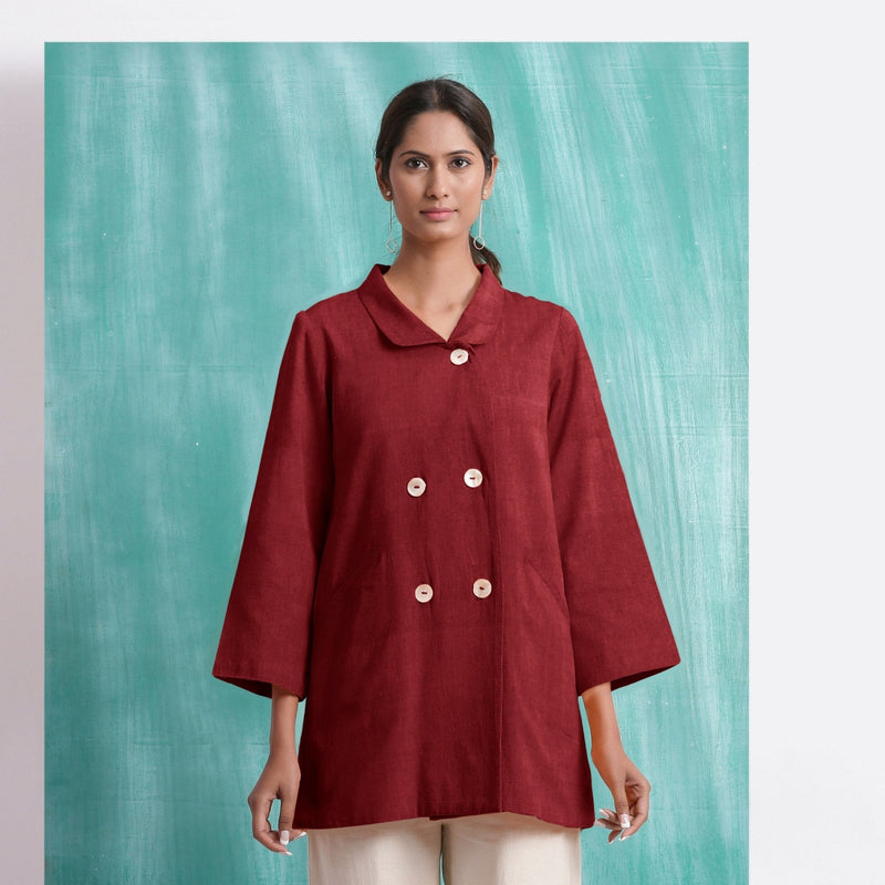 Maroon Handspun Cotton Welt Pocket Coat