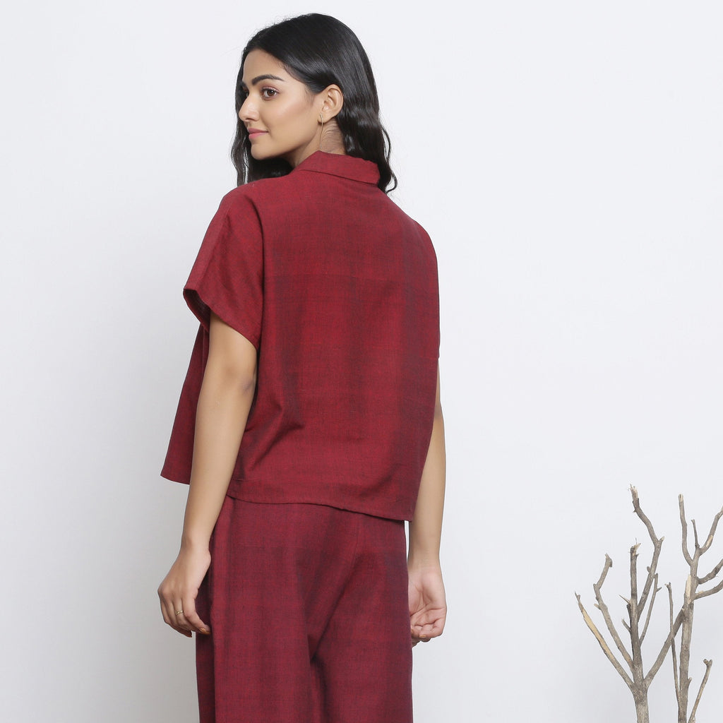Back View of a Model wearing Maroon Handspun 100% Cotton Loose Fit Keyhole Neck Top