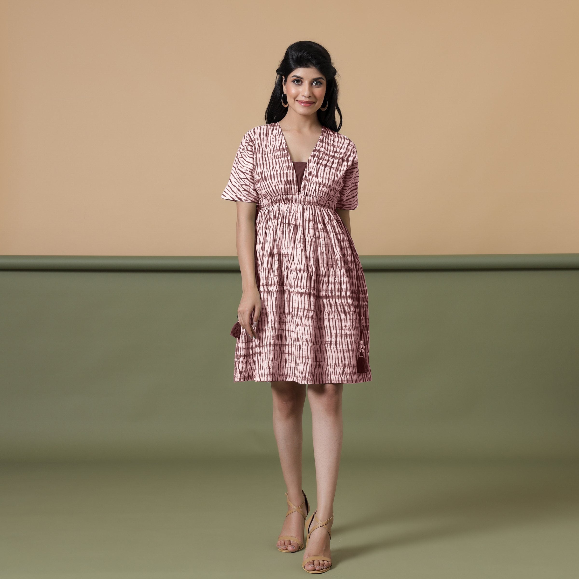 Front View of a Model wearing Maroon Shibori Drop Shoulder Dress