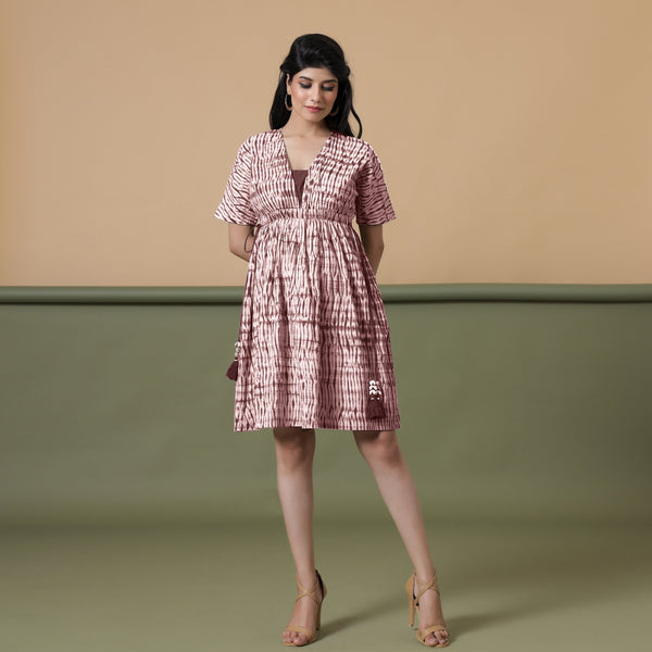 Front View of a Model wearing Maroon Shibori Drop Shoulder Dress