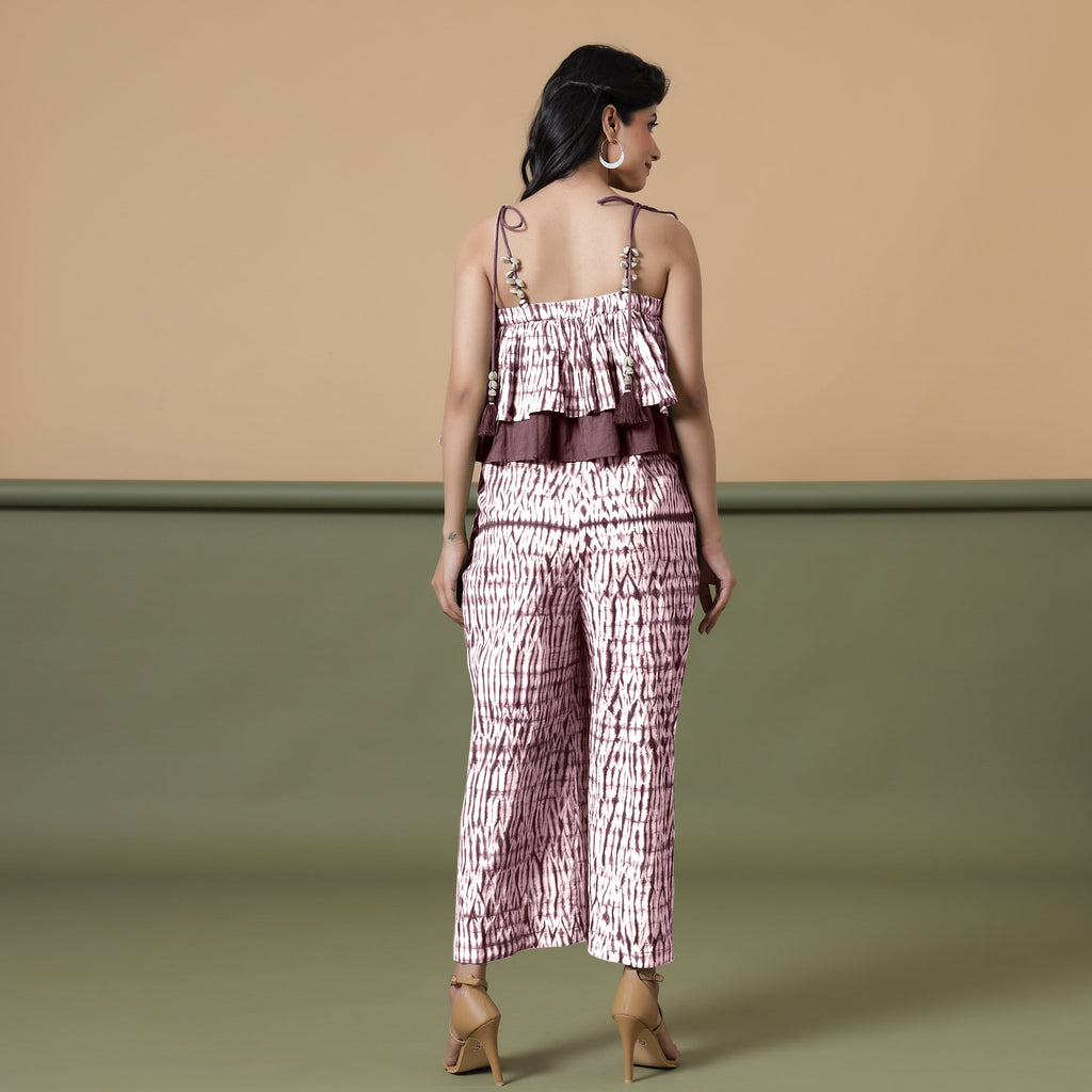 Back View of a Model wearing Maroon Shibori Frilled Camisole Jumpsuit