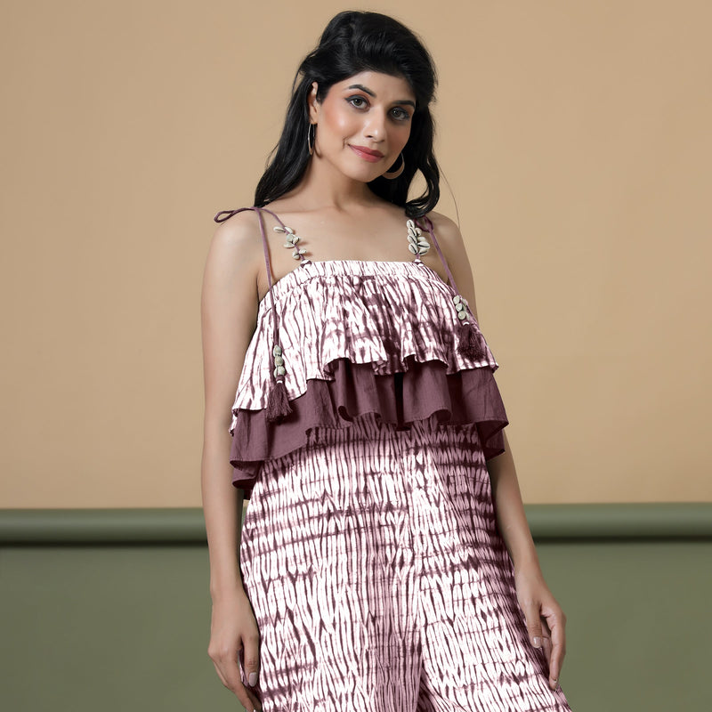 Front View of a Model wearing Maroon Shibori Frilled Camisole Jumpsuit