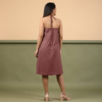 Back View of a Model wearing Maroon Shibori Halter Neck A line Dress