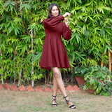 Maroon Warm Cotton Waffle Fit and Flare Short Dress