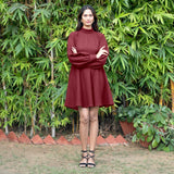 Maroon Warm Cotton Waffle Fit and Flare Short Dress