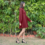 Maroon Warm Cotton Waffle Fit and Flare Short Dress