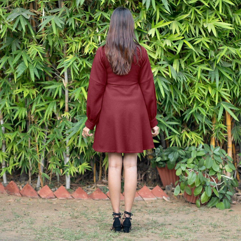 Maroon Warm Cotton Waffle Fit and Flare Short Dress