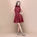 Maroon Warm Cotton Waffle Fit and Flare Short Sleeveless Dress