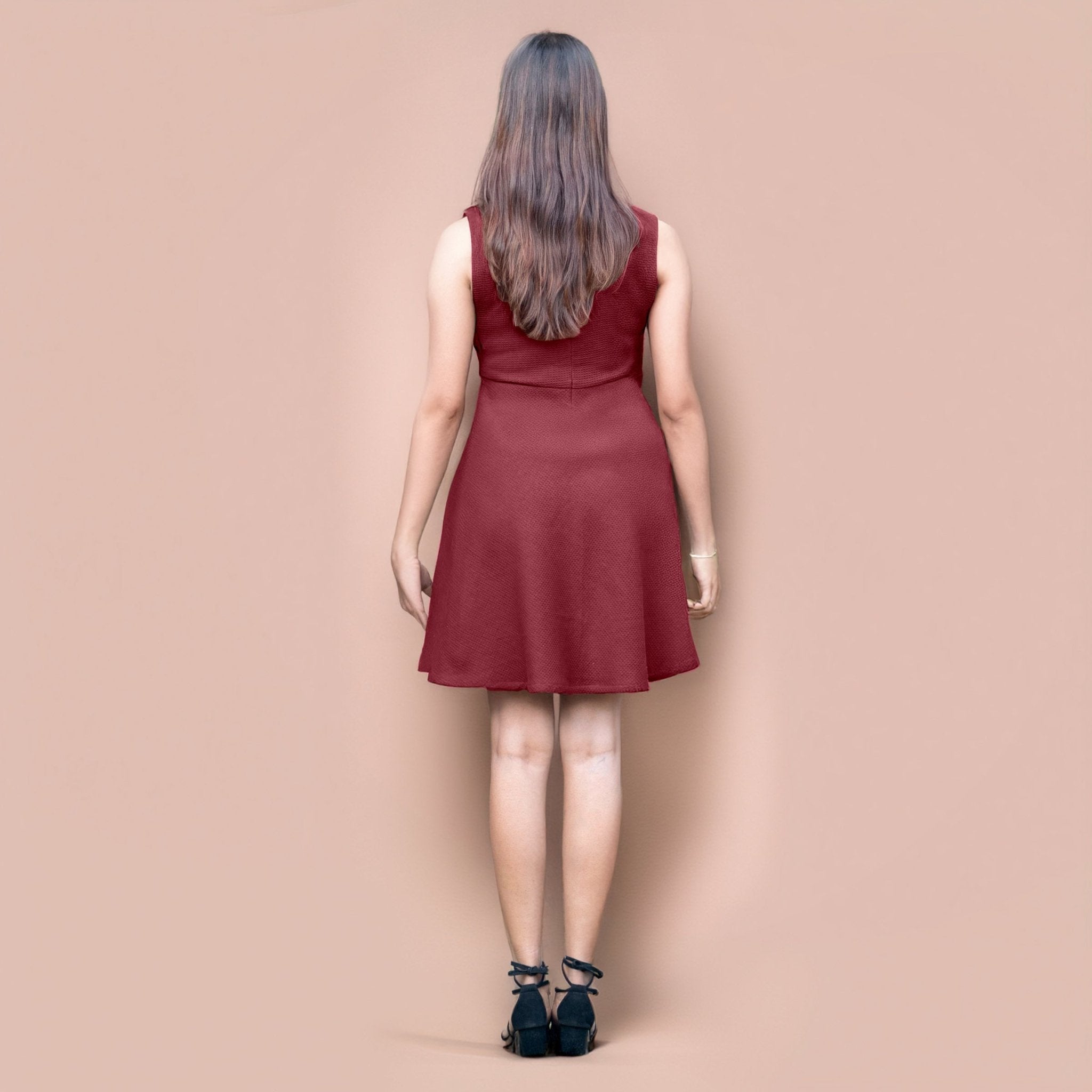 Maroon Warm Cotton Waffle Fit and Flare Short Sleeveless Dress