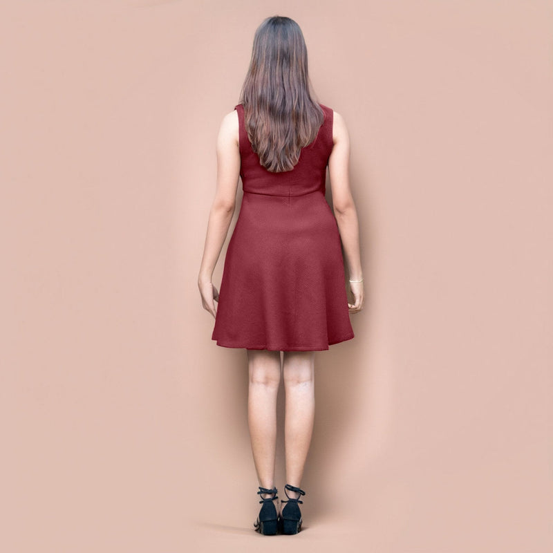 Maroon Warm Cotton Waffle Fit and Flare Short Sleeveless Dress