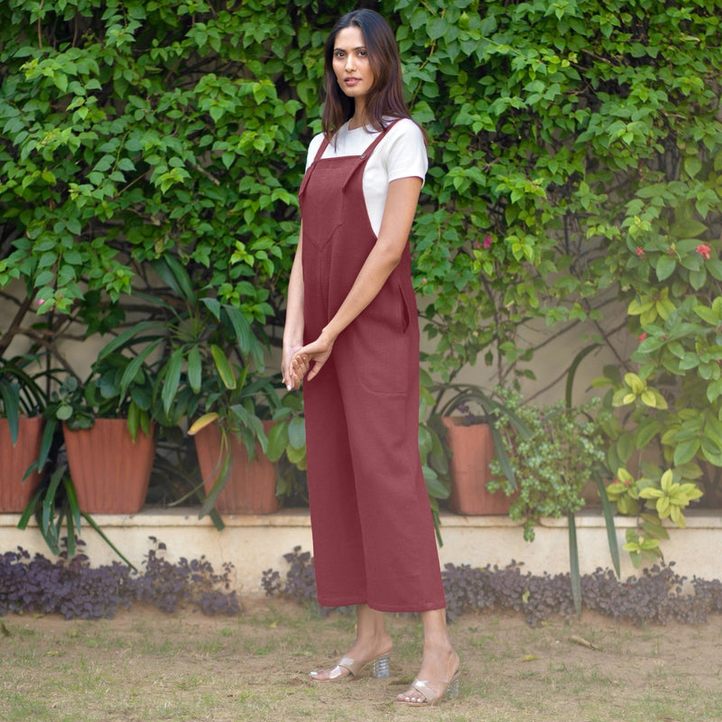 Maroon Warm Cotton Waffle Midi Dungaree Jumpsuit