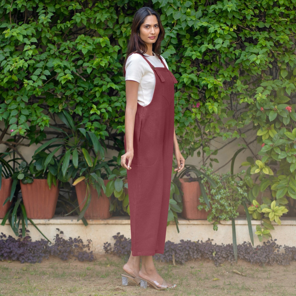 Maroon Warm Cotton Waffle Midi Dungaree Jumpsuit
