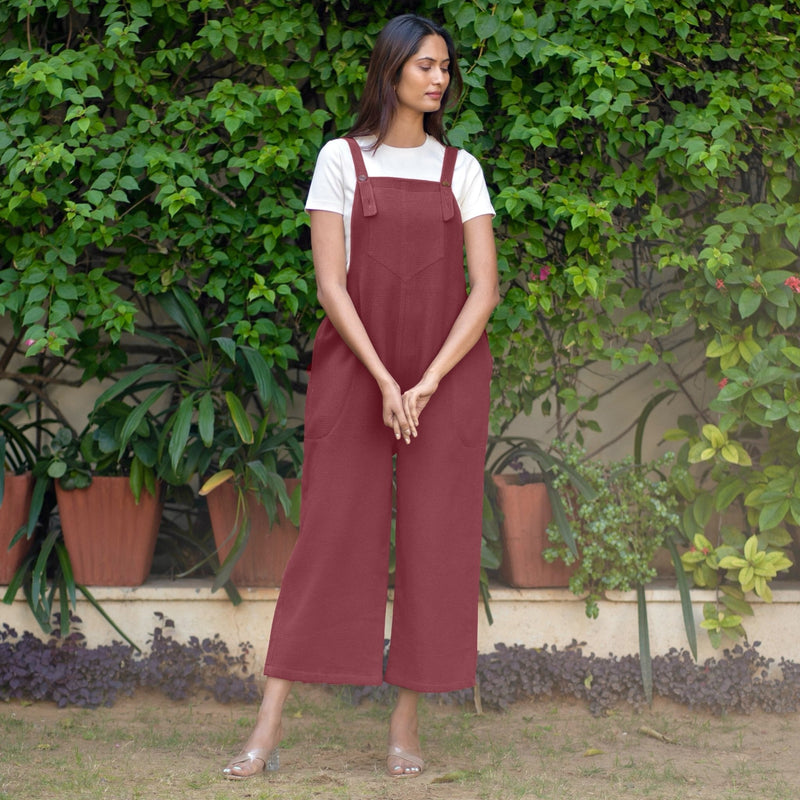 Maroon Warm Cotton Waffle Midi Dungaree Jumpsuit