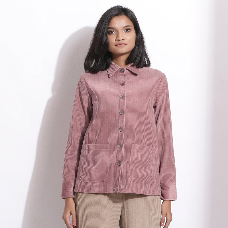 Front View of a Model wearing Mauve Corduroy Button-Down Pocket Shirt
