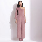 Front View of a Model wearing Mauve Warm Cotton Corduroy Ankle Length One-Shoulder Jumpsuit