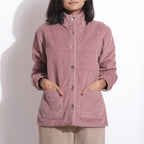 Front Detail of a Model wearing Mauve Warm Cotton Corduroy Quilted Puffer Jacket