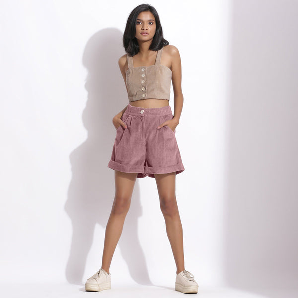 Front View of a Model wearing Mauve Cotton Corduroy Baggy Shorts